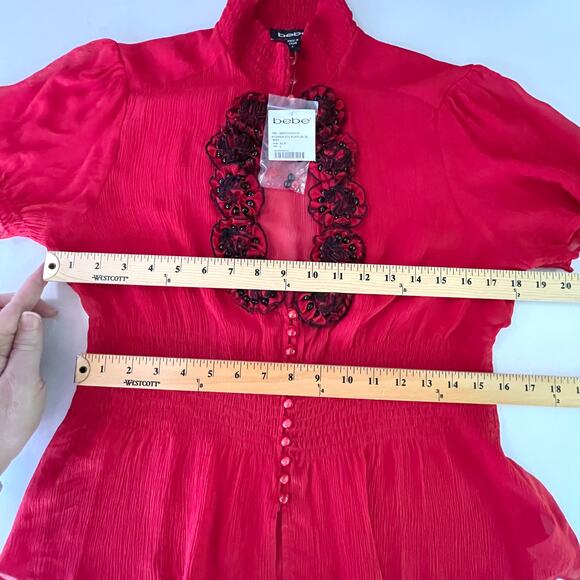 Bebe NEW Silk Flower Detail Puff Sleeve Peplum Blouse L Red Beads Smocked Sheer - Picture 7 of 9